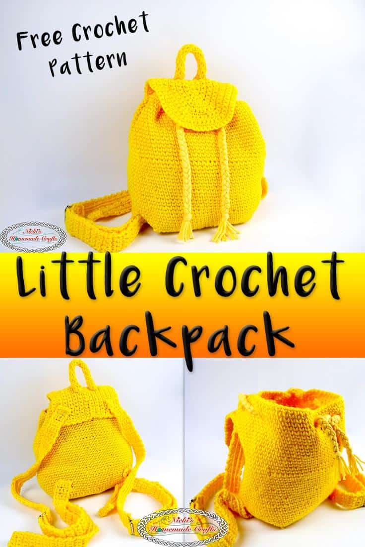 yellow little backpack with drawstrings - free crochet pattern