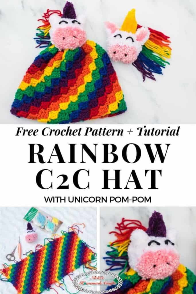 C2C Rainbow Hat with Unicorn Pom Pom - Free Crochet Pattern