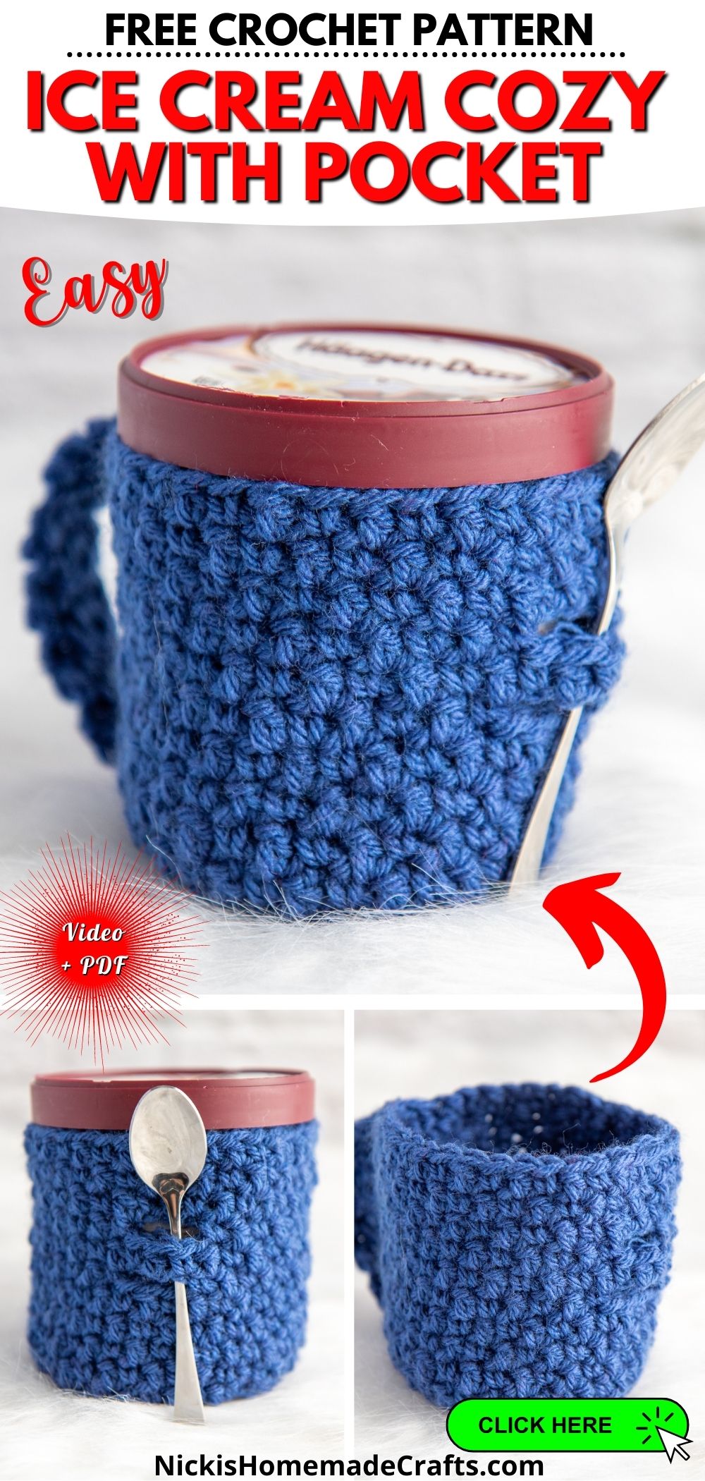 Free Crochet Ice Cream Cozy Pattern with Spoon Holder - Nicki's ...