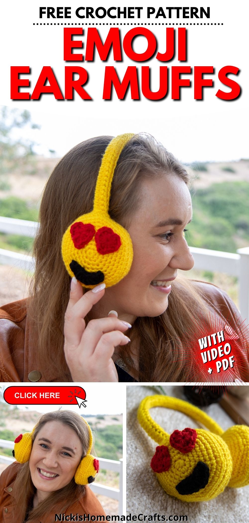 FREE Heart Eyes Emoji Crochet Earmuffs Pattern Nicki's Homemade Crafts