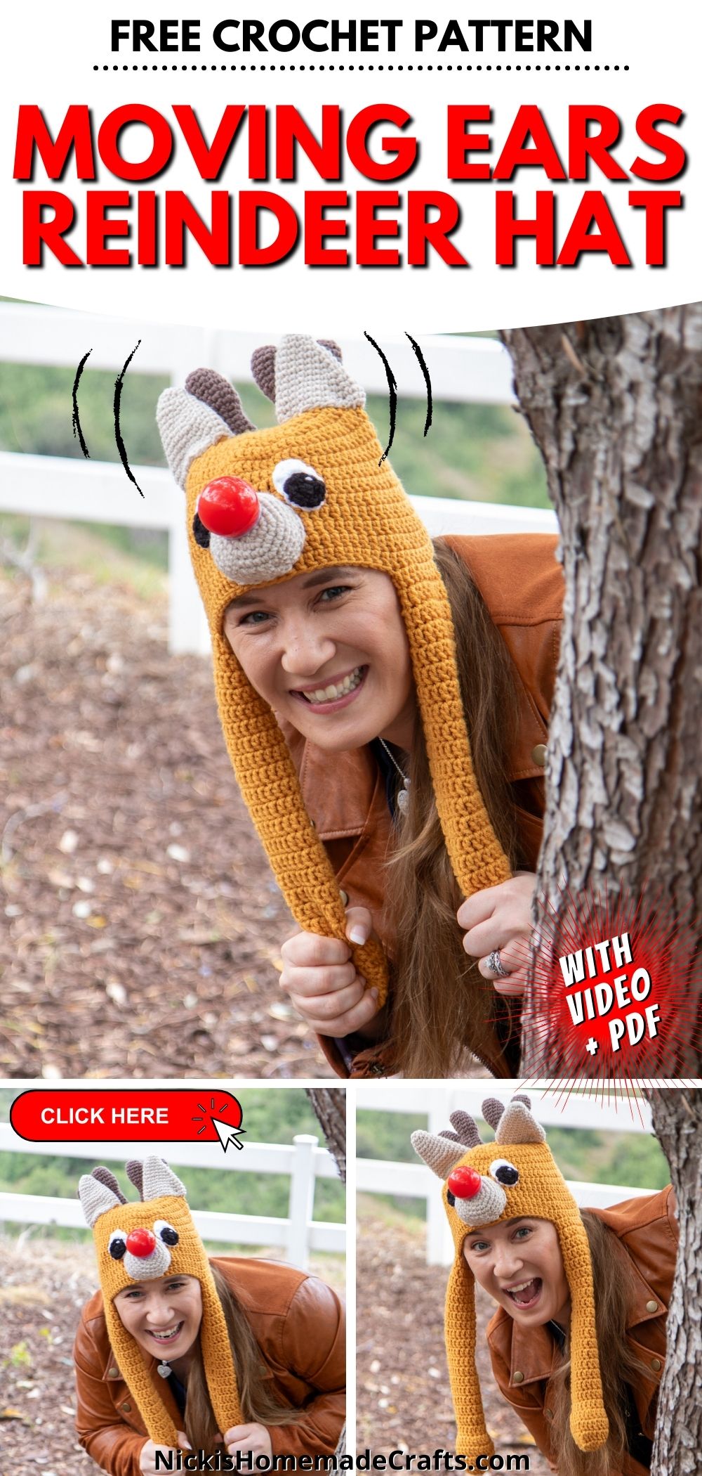 Crochet Reindeer Hat with Moving Ears FREE Pattern Nicki's Homemade